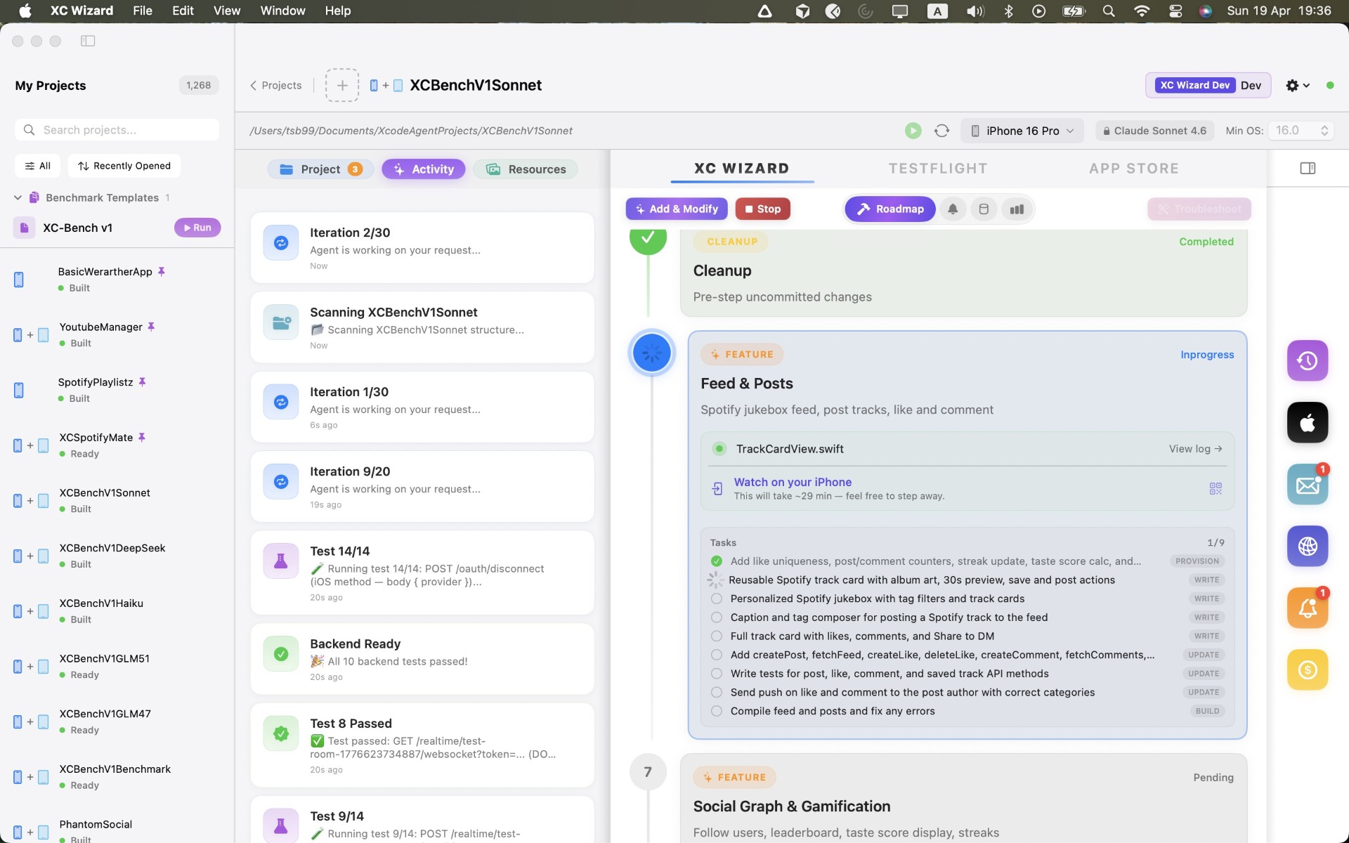 XC Wizard building an app — live agent activity, roadmap, and multi-pane project view