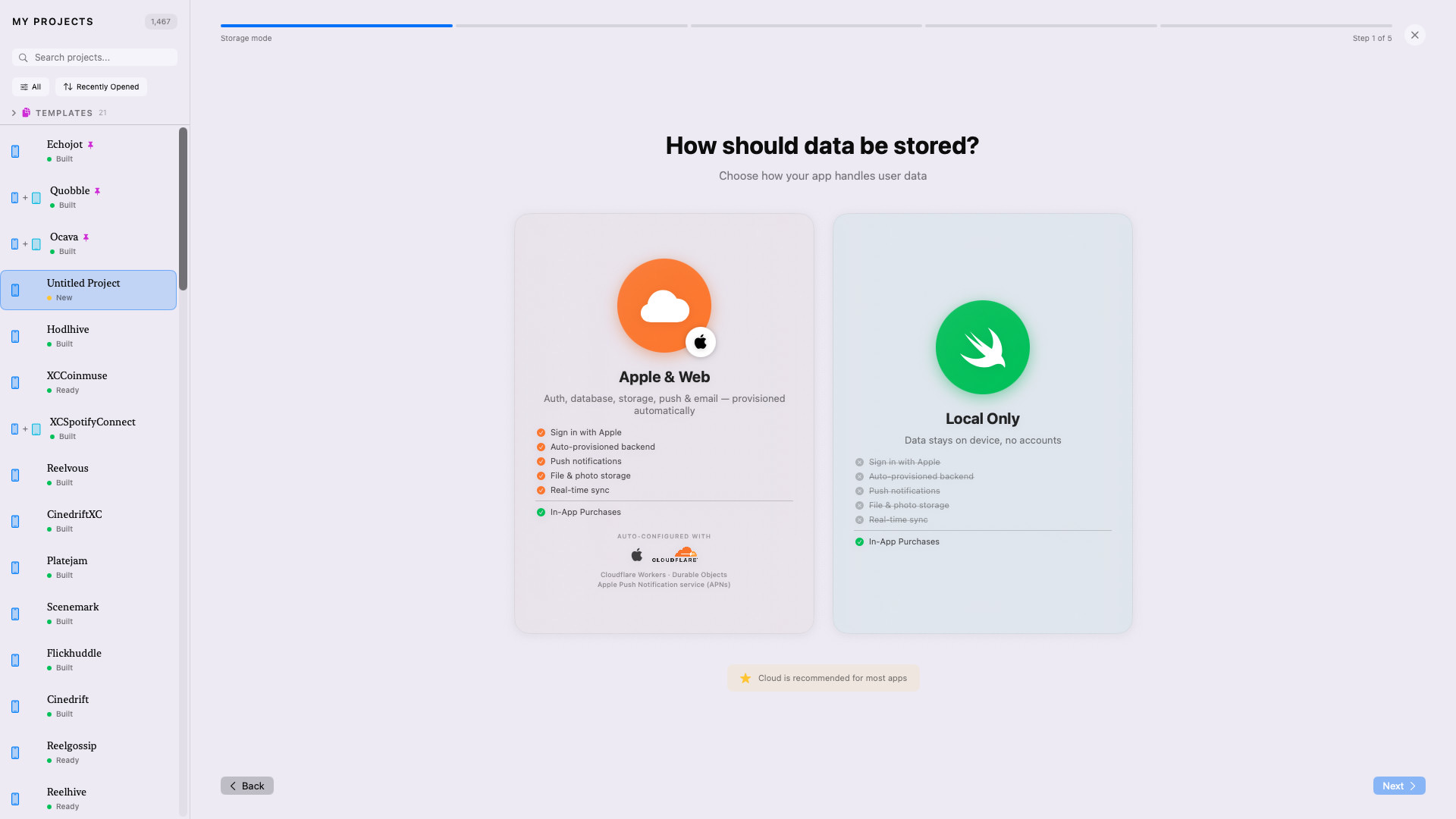 XC Wizard onboarding — pick Apple & Web for an auto-provisioned Cloudflare + Apple backend (SIWA, Postgres, R2, push), or Local Only for an on-device-only app