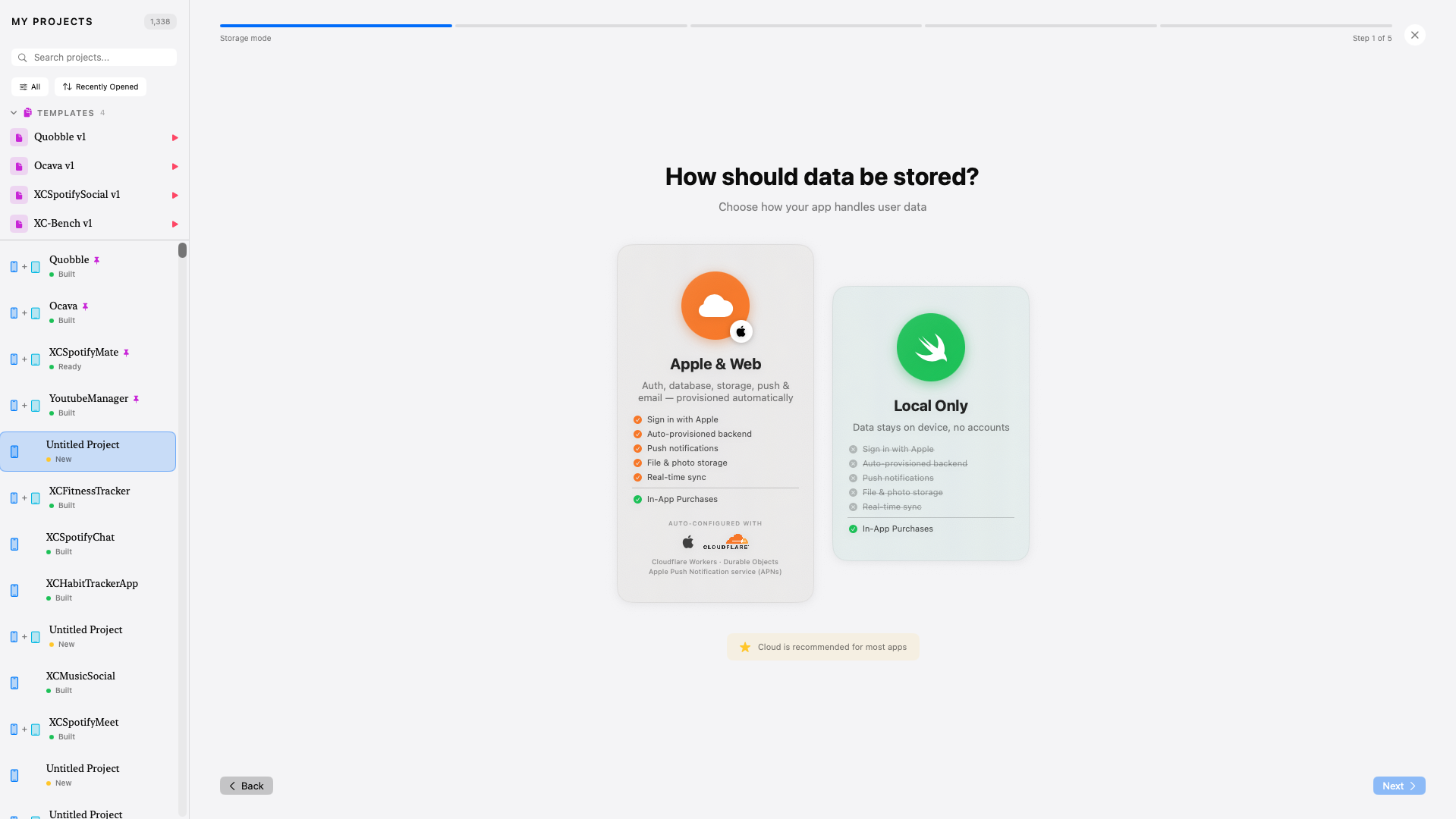 XC Wizard onboarding — pick Apple & Web for an auto-provisioned Cloudflare + Apple backend (SIWA, Postgres, R2, push), or Local Only for an on-device-only app